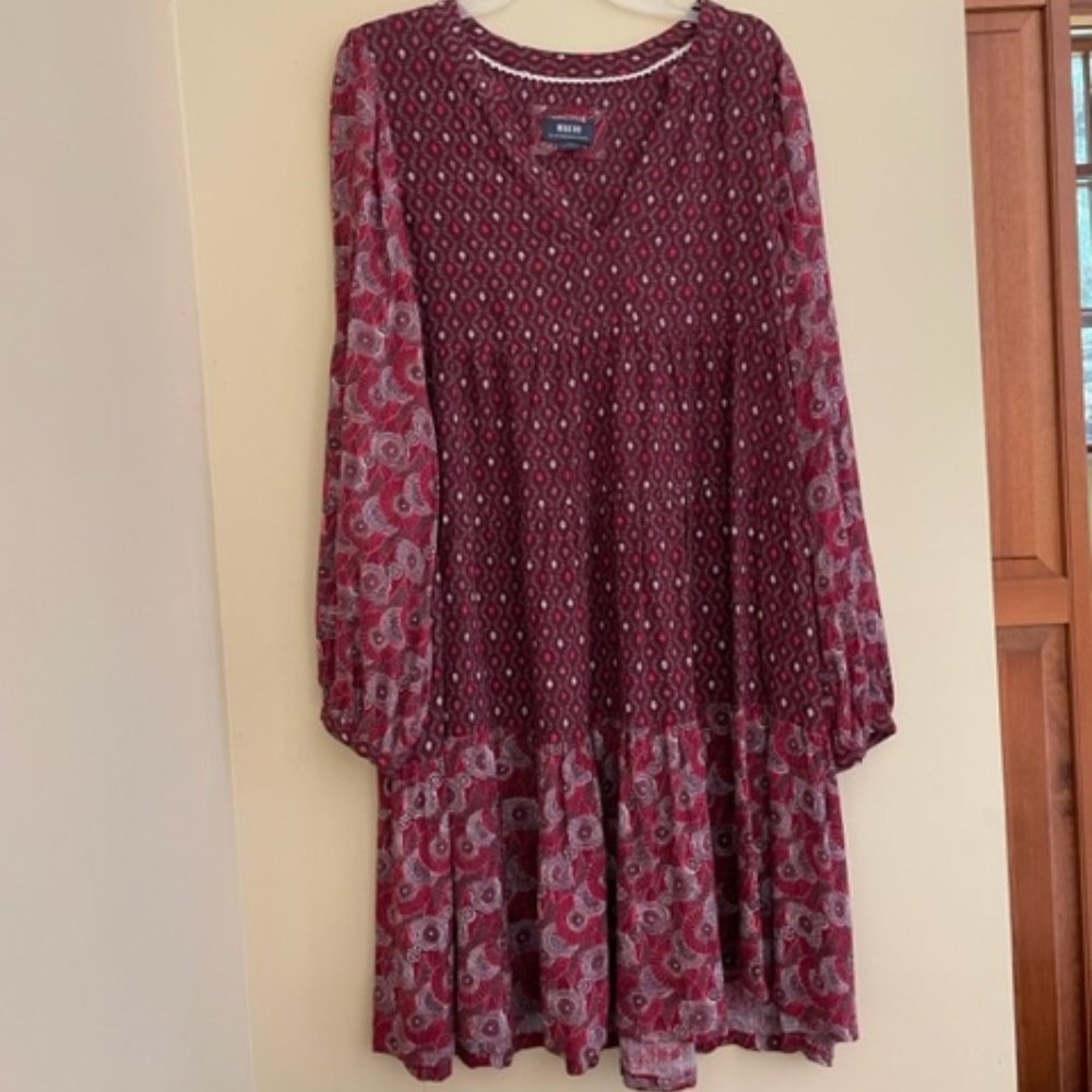 Maeve by Anthropologie, burgundy, long-sleeved, tiered swing dress